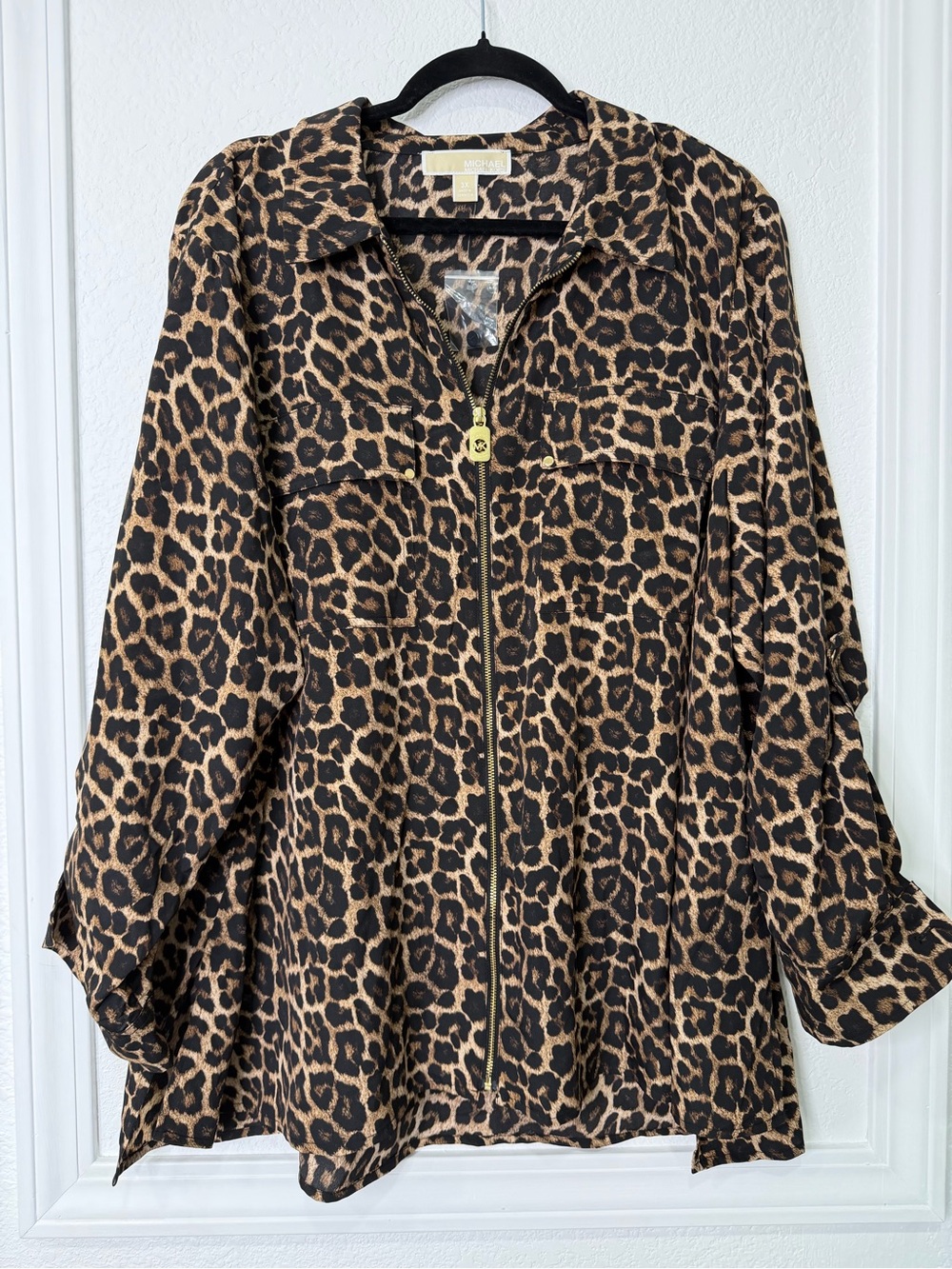 Michael Kors Leopard Zip-Front Shirt Jacket - Brown & Black
